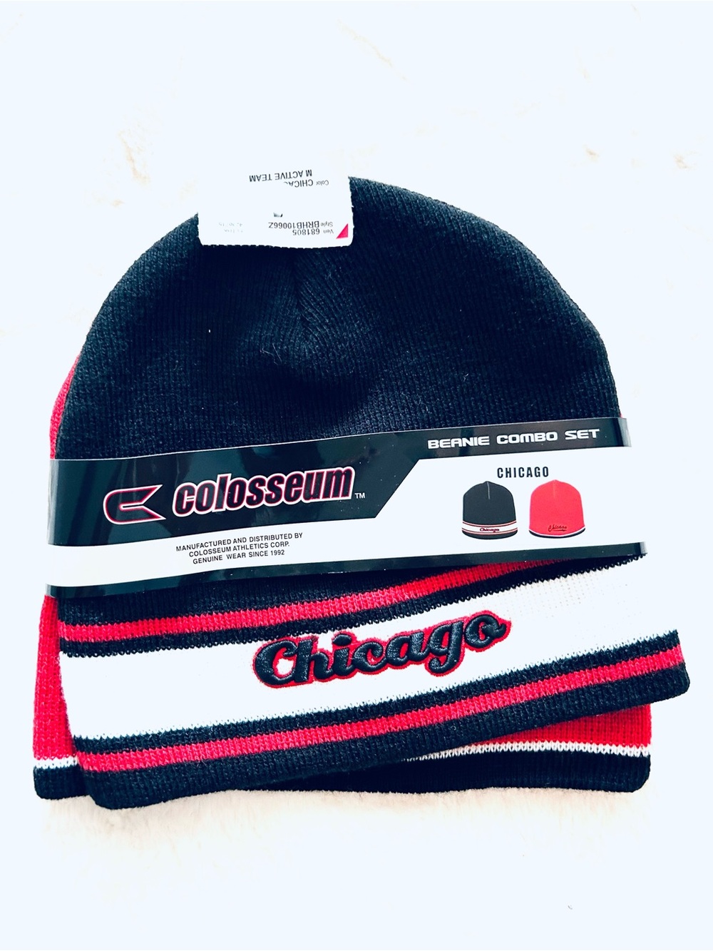 NWT Colosseum Chicago 2pk Beanie Combo Set Red White & Black